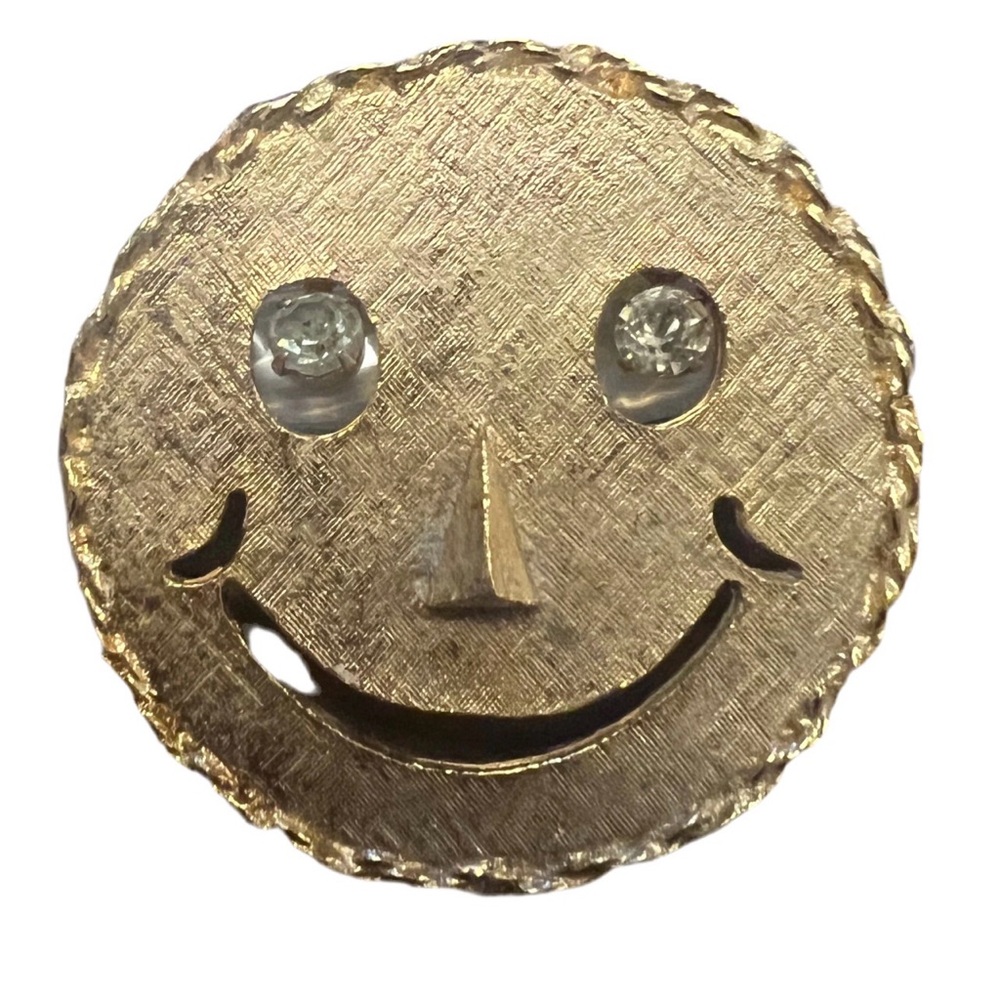 Gold-Toned Smiley Face Pendant with Rhinestone Eyes Brooch